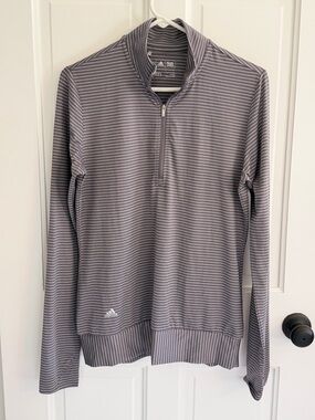 Adidas Golf Gray Striped 1/4 Zip Pullover Thumbholes Women’s Medium
